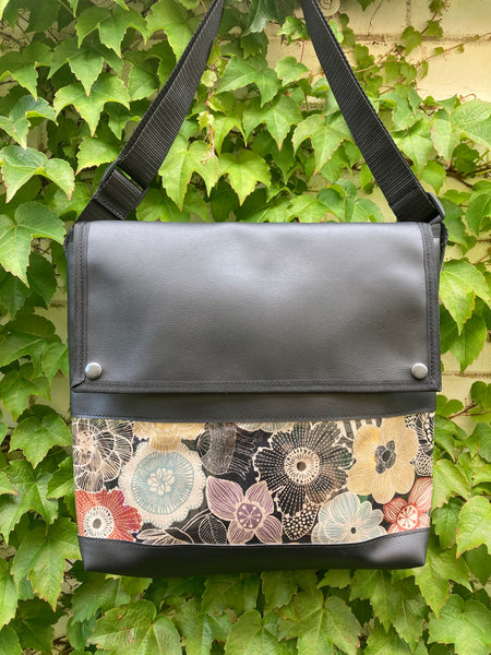 Messenger Bag - Floral Illustration Black
